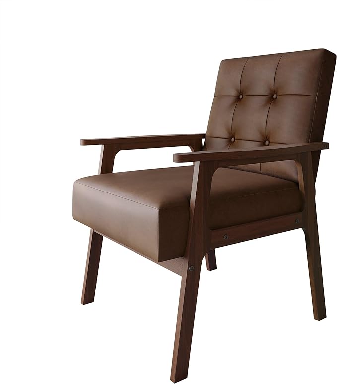 Accent Chair with Button-Tufted Polyurethane Upholstery Wooden Armrests Cushioned Seat Easy Assembly Brown