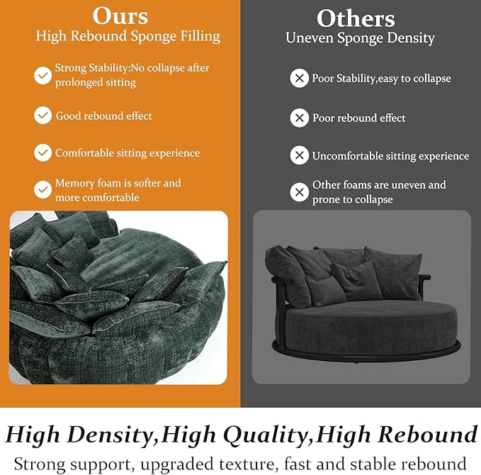 Oversized Sleeper Sofa Bed 81'' Round Chaise Lounge Chair Indoor Modern Chenille Boneless Couch Loveseat Plush Couch Cloud Couches Comfy Bean Bag Chair for Living Room Apartment (Emerald)