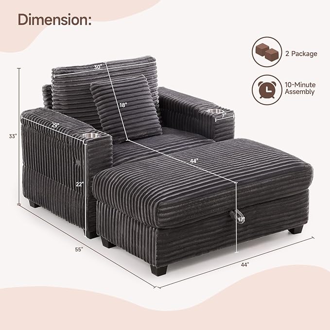 ONBRILL Corduroy Oversized Chair with Ottoman 44 Wide Armchair with Cup Holders &amp USB Port Reading Chair w/Storage Armrest Easy Assembly Comfy Single Sofa Bed for Living Room Apartment Grey