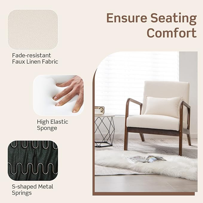 KOTEK Mid Century Modern Accent Chair with Lumbar Pillow Reading Arm Chair with Rubber Wood Frame Upholstered Seat &amp Back Waist Cushion Fabric Lounge Armchair for Living Room Bedroom (2 Beig