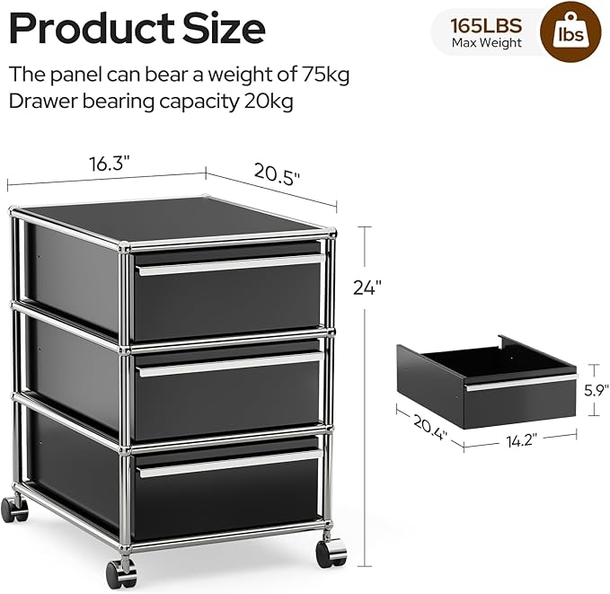 Steel Mobile File Cabinet for Office &amp Home with 360° Silent Wheels Smooth Drawer Slides Large Capacity Waterproof and Rust-Proof Stylish &amp Durable Storage Cabinet (3 Drawer Black)