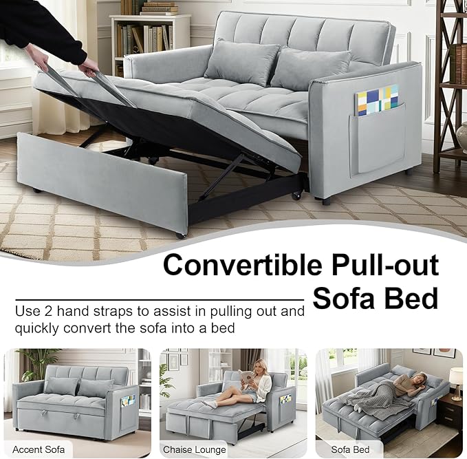 3 in 1 Convertible Sofa Bed Pull Out Couch with Adjustable Backrest Velvet Sleeper Sofa Loveseat with Pillows and Side Pockets for Living Room Bedroom Apartment Light Grey