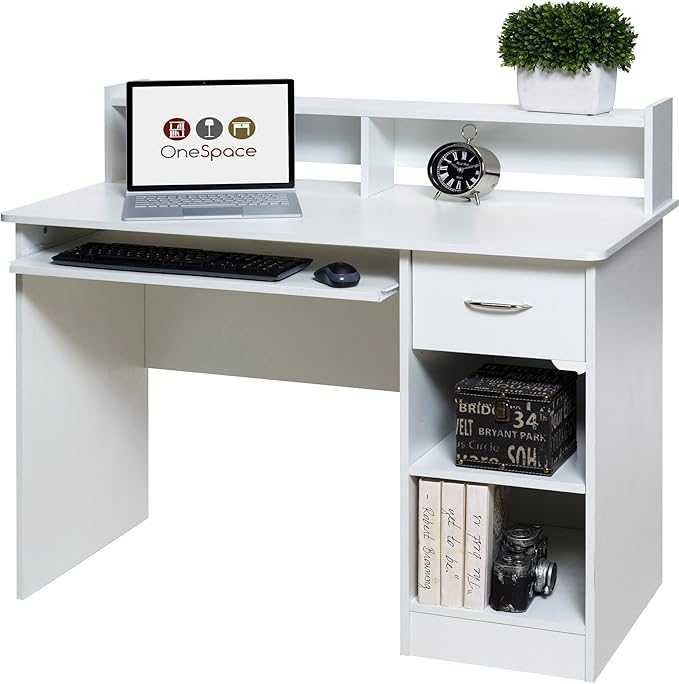 OneSpace Essential Computer Desk Hutch with Pull-Out Keyboard White