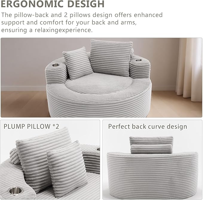 55 Oversized Round Boneless Couch Sofa Velvet Memory Foam Cloud Couches Lounge Chair Comfy Fluffy Single Sofa with 3 Pillows for Living Room Bedroom No Assembly Required (Grey.)