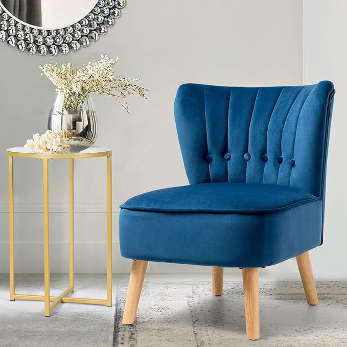 Giantex Modern Velvet Accent Chair Small Upholstered Leisure Sofa Chair w/Wood Legs Thickly Padded and Button Tufted Armless Wingback Club Chairs for Living Room Bedroom Furniture (1 Blue)