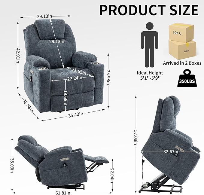 Chenille Electric Power Lift Recliner Chair Massage Single Sofa with Vibration Massage and Lumbar Heating Ergonomic Lounge Couch with Cup Holders and USB Charge Port for Living Room (Blue)