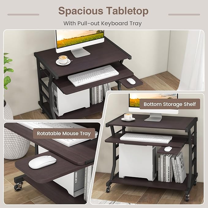 Tangkula Mobile Computer Desk with Keyboard Tray Portable Small Rolling Desk with Mouse Tray &amp Bottom Storage Shelf Rolling Laptop PC Desk Cart with Lockable Wheels for Small Space (Brown)