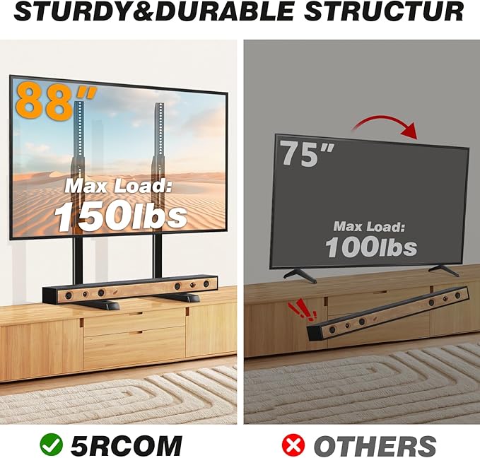 5Rcom Table Top TV Stand Universal TV Stand for 35-88 Inch with Height Adjustment TV Mount Stand Up to 150lbs for Curved Flat TVs with Cable Management Black