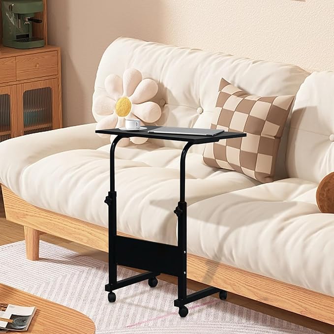 Karl home Small Side Mobile Table 23.6 inch Computer Desk with Wheels Height Adjustable Rolling Potable Laptop Cart C-Shaped Bed Couch End Tables with Edge Stopper for Living Room Bedroom Black