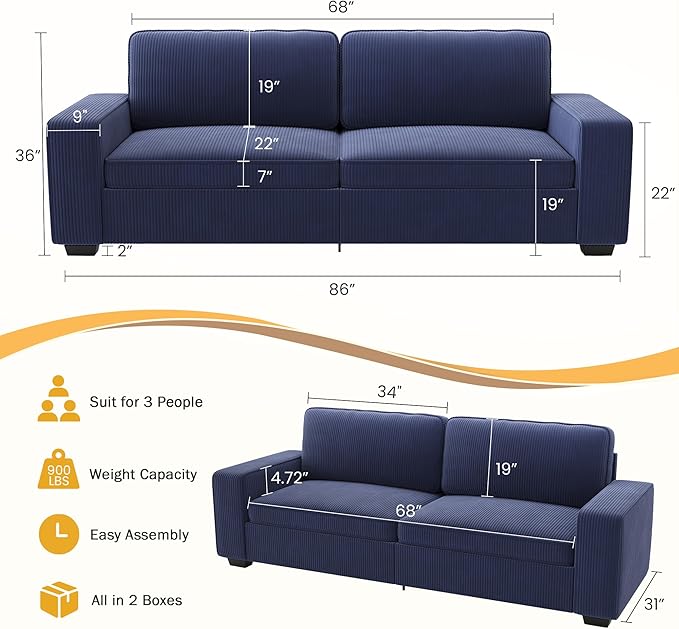 YOUDENOVA 86 3-Seater Sofa Corduroy Sofa Couch for Living Room Modern Lounge Couches with Extra Deep Seats Solid Wood Removable Cover Wide Armrest Easy Assembly Blue