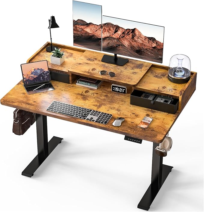 Kingant 48 x 30 Inch Electric Standing Desk with Dual Drawers Adjustable Height Computer Desk for Home Office Large Workstation Sit Stand Up Desk with Built-in Storage Shelf Rustic Brown