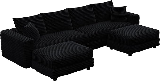 102.4'' Oversized Corduroy Couch Modular Sectional Sofa with 2 Ottomans Upholstered 4 Deep Seat U Shape Sofa Convertible Cloud Couches with Chaise Lounge for Living Room Apartment Black