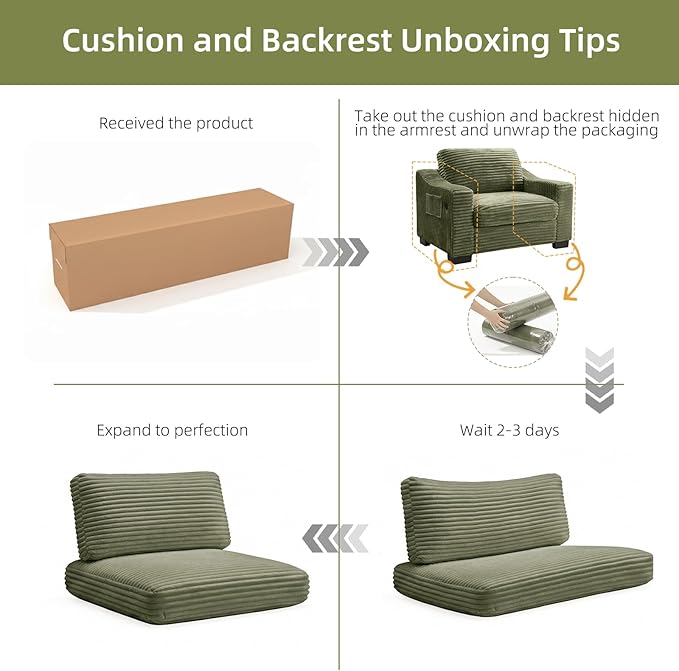 46.1''W Oversized Accent Chair Modern Single Armchair with USB Charger &amp Storage Pocket Comfy Reading Chair Tufted Corduroy Fabric for Living Room Bedroom Apartment Office (Green)