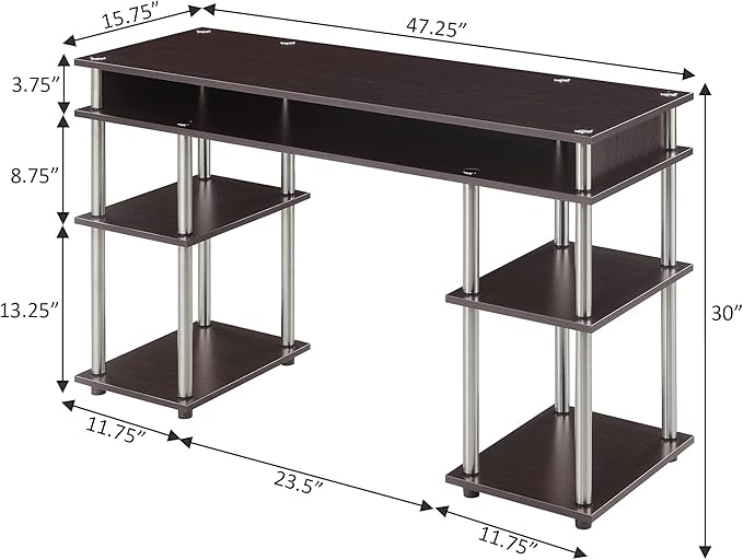 Convenience Concepts Designs2Go No Tools Desk Home Office Desk with Shelves Corner Shelf Vanity Desk Computer Desk Nail Table for Nail Tech - 47.25 L x 15.75 W x 30 H Espresso