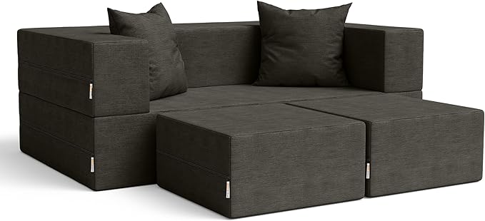 Jaxx Zipline Convertible Sleeper Loveseat &amp Ottomans Textured Microvelvet - Charcoal