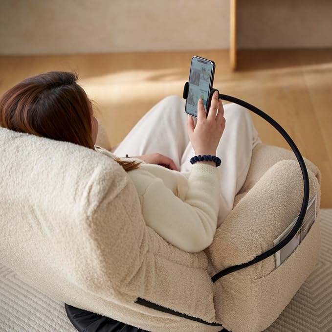 Gwen Upholstered 360° Swivel Chair Lounge Chair with Adjustable Backrest/Headrest Metal Frame Living Room Lounge Sofa and Phone Holder Comfy Bean Bag Chair Beige