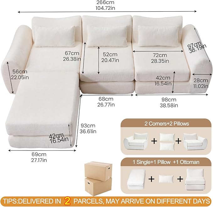 105” Modular Sectional Sofa Convertible Sofa BedTransforms into Single or Double Sofa Chenille Fabric Cloud SofaModern Soft Boneless Comfort No Assembly Required White