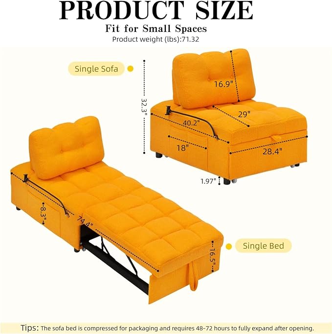 40 L Convertible Sofa Bed 3-in-1 Multifunctional Lounge SleeperPullout Guest Bed with Side Pocket &amp Phone Holder Adjustable Backrest | Design for Small Spaces Living Room &amp BedroomOrange