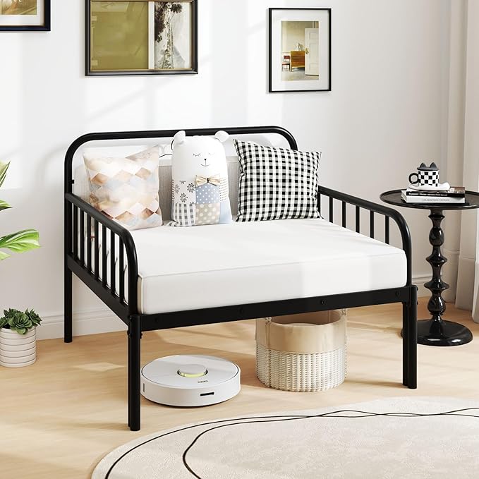 Giantex Metal Twin Bed Frame Convertible Sofa Bed with Headboard &amp Armrests Pull-Out Sleeper Chair Bed for Small Spaces Dorm Guest Apartment Suitable for Folding Sofa Mattress (Black)