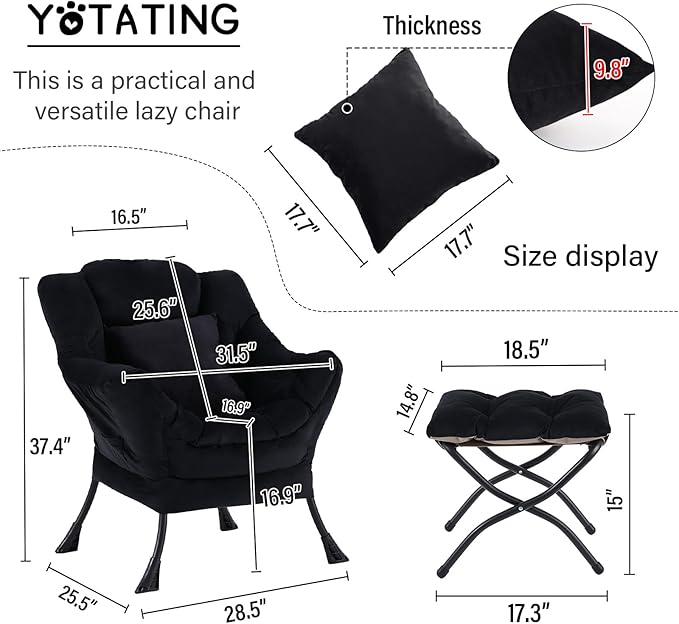 Lazy Chair with Ottoman Comfy Reading Lounge Chair with Footstool &amp Throw Pillow Modern with Armrests &amp Side Pocket for Living Room Bedroom Dorm Room Velvet Black