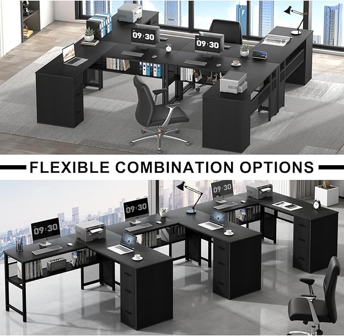 LVB Black L Shaped Desk Reversible Computer Office Desk with Drawers Modern Large L Shape Gaming Desk Table with File Cabinets Wood Executive Corner Desk with Storage Shelf for Bedroom 59 Inch