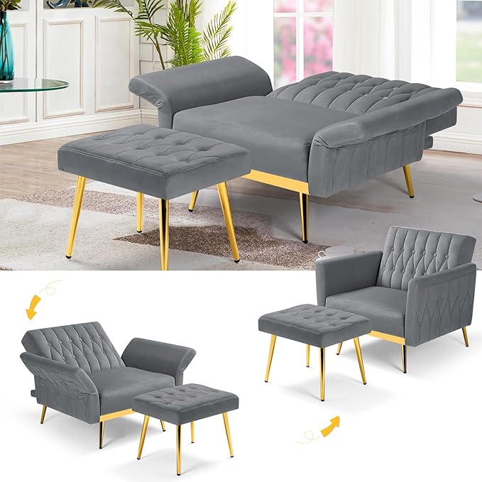 2 Pieces Velvet Sofa Set with Adjustable Armrest and Backrest 70” Convertible Futon Sofa Bed &amp Mordern Accent Chair with Ottoman for Living Room Bedroom Grey