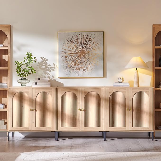 Modern TV Stands for 80 inch tvs 92.63 W Wood Entertainment Center w/Adjustable Shelves Mid Century Modern TV Stand w/Arched Fluted Doors Media Console Cabinet for Living Room Natural