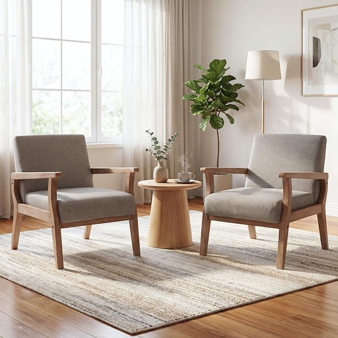Mid Century Modern Accent Chair Set of 2 Linen Upholstered Living Room Accent Armchair with Wood Frame Farmhouse Chair for Living Room Bedroom Gray