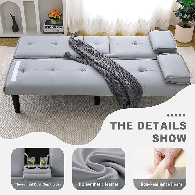 Futon Sofa Bed PU Leather Modern Convertible Futon Couch with Removable Armrests Cup Holders Loveseat Sleeper Sofa Bed for Living Room Apartment Small Spaces (Light Gray)