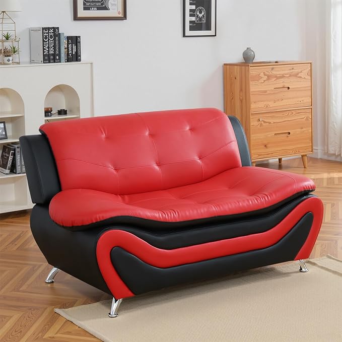 Modern Loveseat Sofa Red Faux Leather Loveseat Couch 2 Seater Sofa 62 Inch Couch Button Tufted Seat Cushion Sectional Couches Living Room Furniture Sets