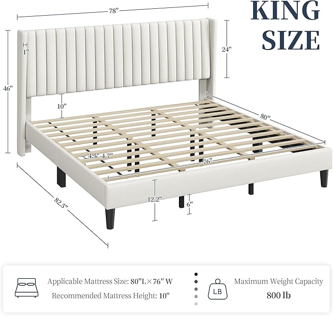 Yaheetech King Bed Frame Upholstered Platform Bed with Fabric Headboard Wing Edge Design/Non-Slip and Noise-Free/Wooden Slats Support/No Box Spring Needed/Easy Assembly Beige King Bed