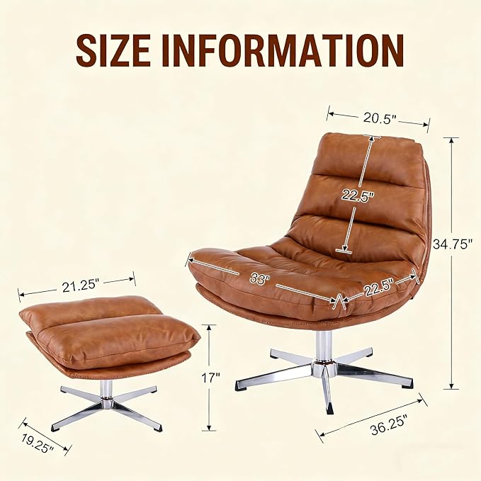 HNY Brown Swivel Lounge Chair with Ottoman Modern PU Leather Accent Chair with Footrest 33'' Wide Oversized Armless Upholstered Reading Chair with Footstool for Living Room Bedroom Comfy