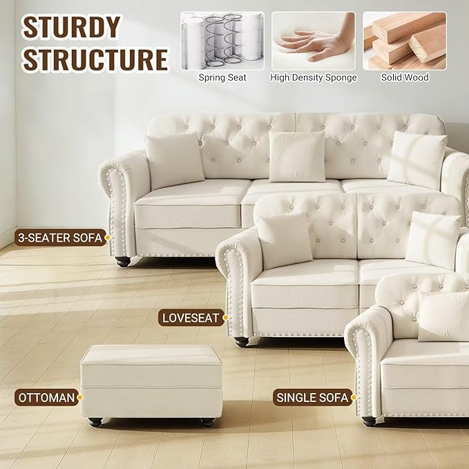 Beige Velvet Sectional Sofa with 2 Matching Ottomans Nailhead Trim &amp Rolled Arms Mid-Century Modern Chesterfield Couch with 3 Pillows Ideal for Living Room or Apartment