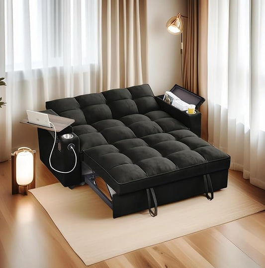  65''Convertible Sleeper Sofa Bed3-in-1 Pull Out Couch Bed with 360 Degree rotatable Side Table and USB Ports for Living RoomRV (07Black)