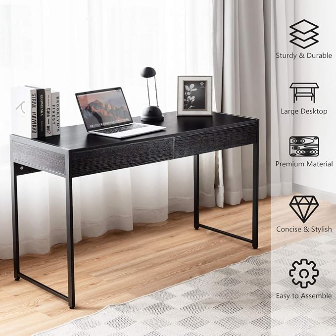 ERGOMASTER Home Office Desk with Drawers Black Modern Wood Desk Laptop Writing Computer Room Work Table for Bedrooms (44) inch