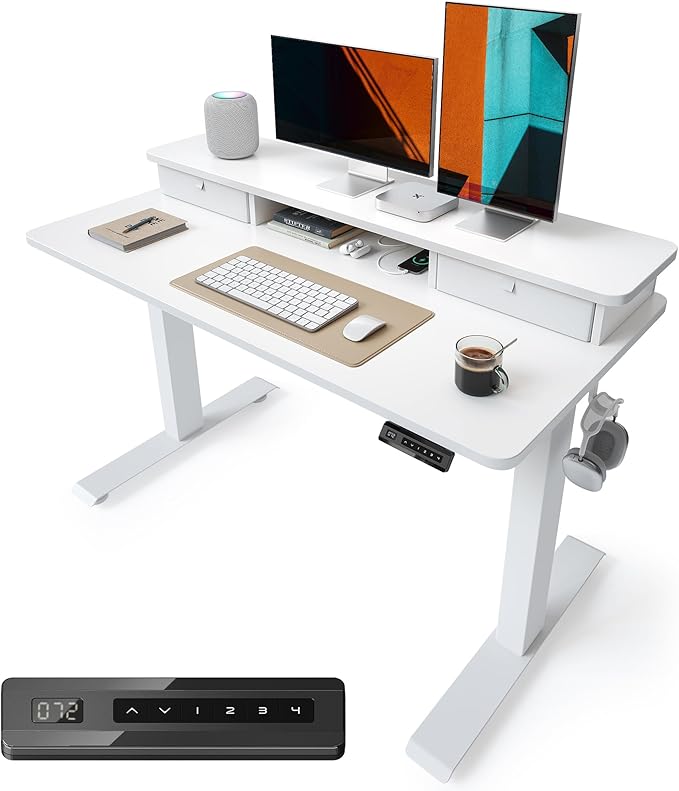 BANTI 48 x 24 Inch Electric Height Adjustable Standing Desk Ergonomic Home Office Desk with Double Drawers 4 Adjustable Feet &amp 2 Hooks Computer Workstation for Study/Office White
