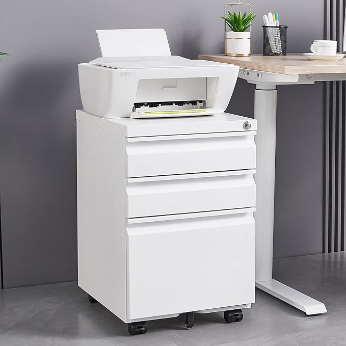 3 Drawer Mobile Locking File Cabinet Rolling Filing Cabinet for LetterA4 Size with 5 WheelsWhite