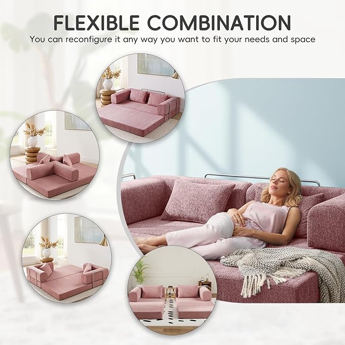 5-in-1 Convertible Folding Sofa Bed 79 Queen Chenille Boneless Couch with Removable Armrests No Assembly Loveseat Sleeper Sofa Modular Futon Couch for Living Room &amp Bedroom (Pink)