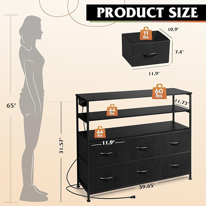 WLIVE Black TV Stand for 40 45 inch TV Entertainment Center with LED Lights &amp Charging Station TV Media Console Table with 6 Fabric Drawers and Open Shelves for Living Room Hallway Wood Top