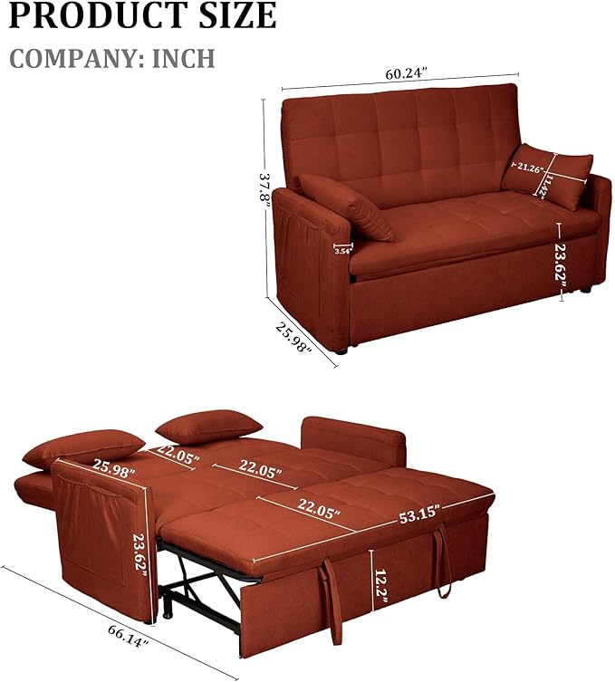 66 Red Sofa Sleeper Loveseat Sofa Bed Queen Size Pull Out Couch with 2 Pillows Pocket &amp Adjustable Backrest Small Couch Bed for Small Spaces Bedroom Apartment Living Room | Convertible Adj