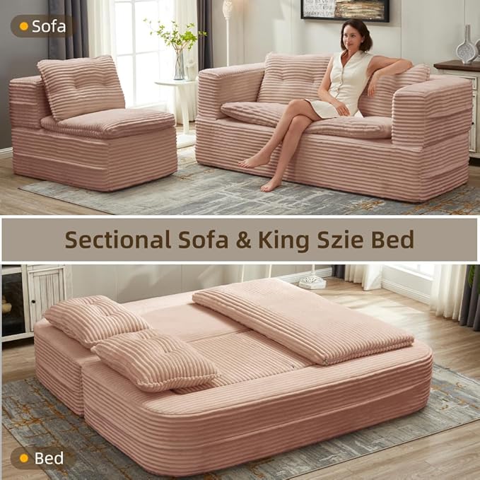 80'' Futon Sofa Bed with 3 Pillows and BlanketKing Size Convertible Sofa Bed2 Seat Sofa Bed and +1 ChaiseNo AssemblyCozy Corduroy Folding Mattress Couch for Living Room Apartment Office (Pink)