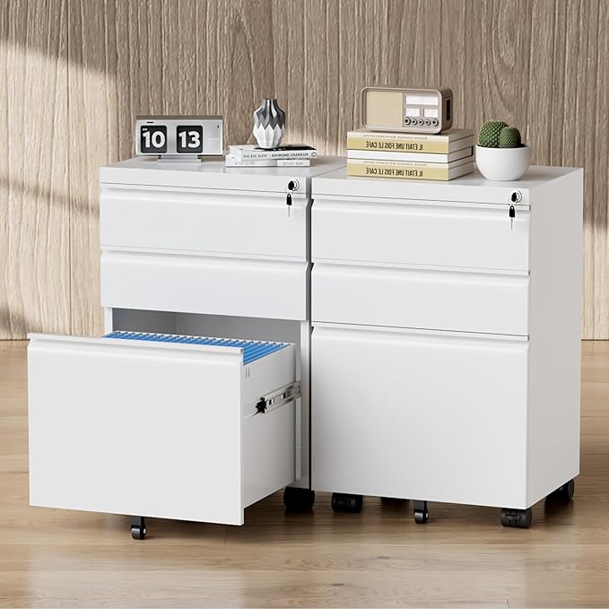 Greenvelly 3 Drawer Mobile File Cabinet with Lock Fully Assembled Rolling File Cabinet Except Casters Under Desk File Cabinet with Wheels for Home Office Fit Legal/Letter/A4 File (Assembled White)