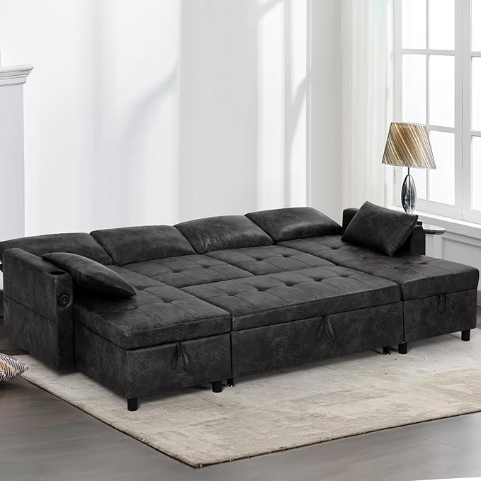 110 Suede Leather Pull Out Sofa Bed w/Adjustable Backrest Sectional Sleeper Couch w/Storage Chaises and Armrest Pillows U-Shape Sofa Bed w/USB Port for Living Room House Black