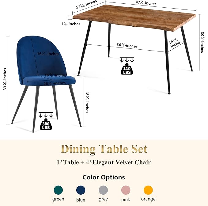 Modern Dining Table Set for 4Stylish Rectangular Kitchen Table with Chairs Set Compact Breakfast Dinner Table Set &amp Armlss Beautiful Dining Chair Velvet with Strong Metal Legs for Indoor