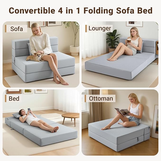 BeBen Folding Sofa Bed Boneless Foldable Chair Bed Convertible Futon Sleeper Chair Couch Twin Lazy Floor Lounger Sofa Couch for Small Spaces Dorm Guest Room Living Room Apartment Grey