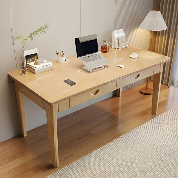 RUNNUP Modern Wood Writing Desk with 2 Drawers 47 Home Office Desk Simple Study Desk for Small Spaces Without Chairs Natural