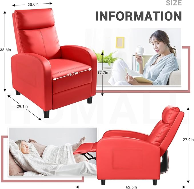 Homall Recliner Chair Recliner Sofa for Adults Recliners Home Theater Seating with Lumbar Support Reclining Sofa Chair for Living Room (Leather Red)
