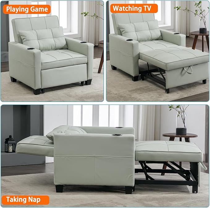 Modern Convertible Sleeper Sofa Bed 3-in-1 Adjustable Futon Couch with Storage &amp Removable Armrests for Apartment Studio Office Small Spaces (Green)