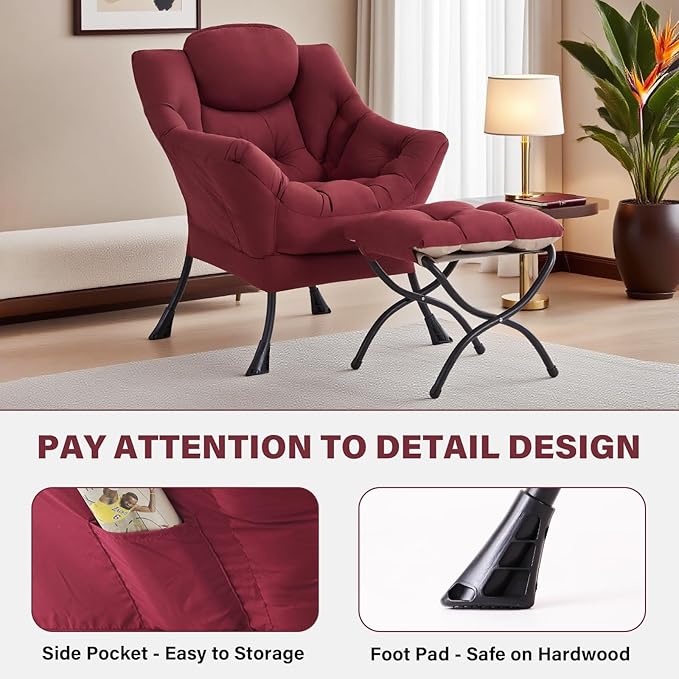 Tiita Lazy Chair with Ottoman Red Modern Large Accent Chair Comfy Leisure Sofa Armchair with Ottoman Reading Chair with Footrest for Bedroom Living Room Dorm Rooms Wine red