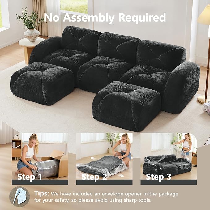 110 Oversized Modular Sectional Sofa Velvet 3-Saet Boneless Couch with Ottoman Deep Seat Cloud Couch Tufted Design Highly Textured U Shaped Sectional Couches for Living Room No Assembly Black